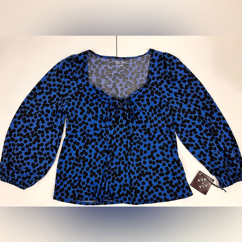 Ava & Viv Vibrant Blue& Black Polka Dot Knot Front Sweetheart Blouse Plus Size